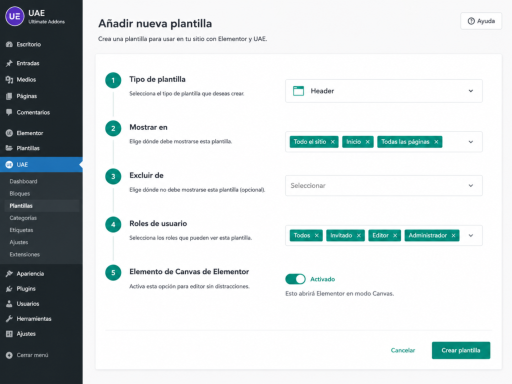 Configurar header y footer Elementor 7 pasos poderosos 3 Configurar Tipo De Plantilla Ubicación Roles Y Elementor Canvas En Uae